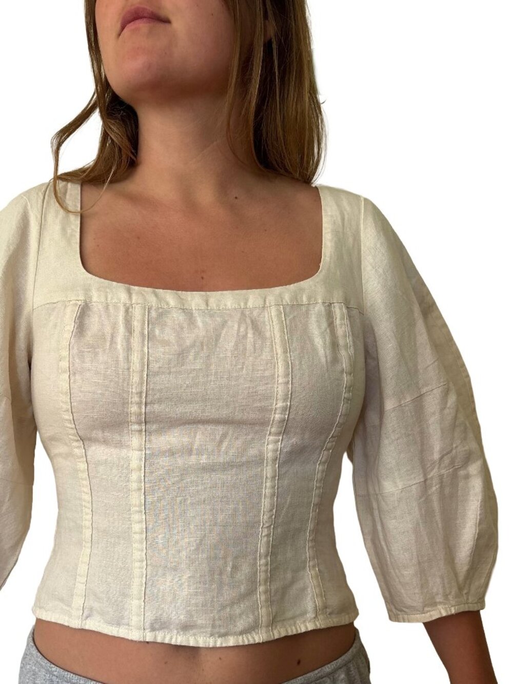 White Creme Banana Republic Linen-Blend Seamed Top Square Neck Smocked Balloon - Picture 4 of 16
